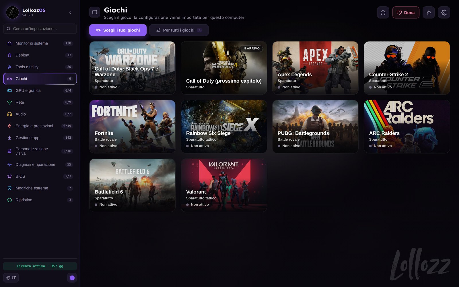 La pagina Giochi di LollozzOS con i riquadri dei giochi